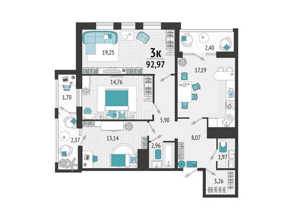 Планировка 3-комн 92,97 м²