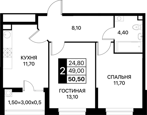 Планировка 2-комн 50,5 м²