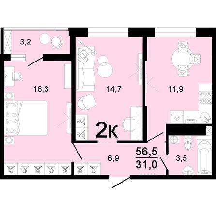 Планировка 2-комн 56,5, 57,2 м²