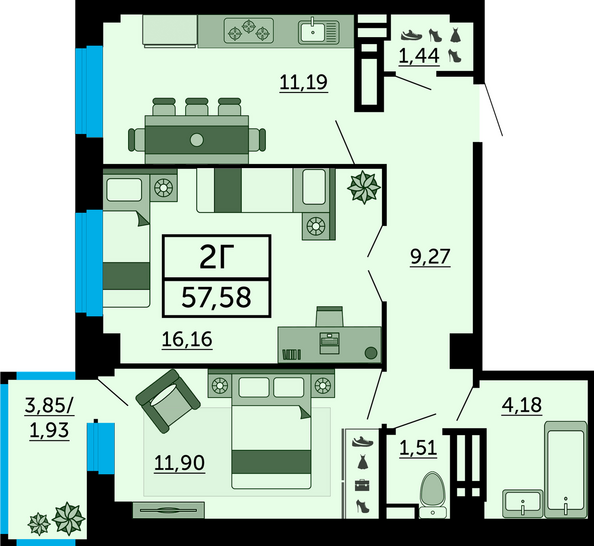 Планировка 2-комн 57,58 м²