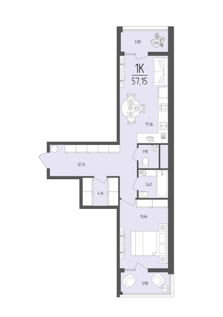 Планировка 1-комн 57,15 м²