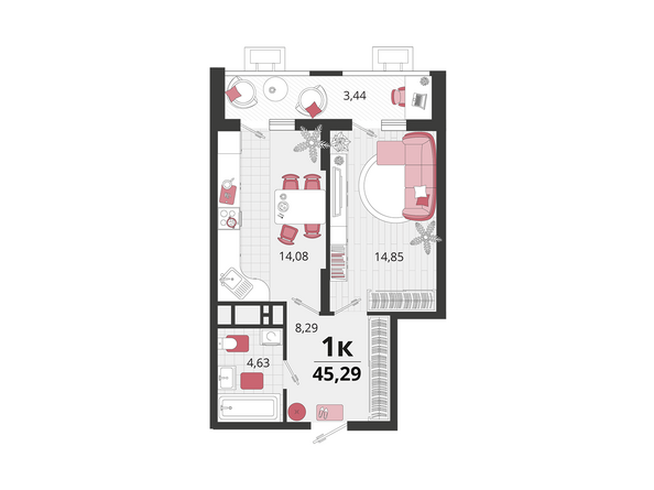 Планировка 1-комн 45,29 м²