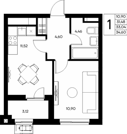 Планировка 1-комн 34,6 - 34,7 м²
