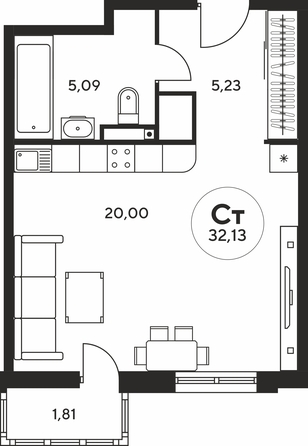 Планировка Студия 31,98 - 32,29 м²