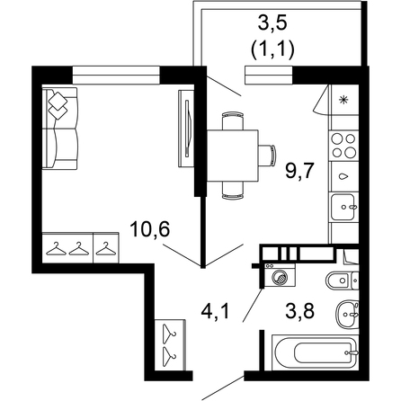 Планировка 1-комн 29,3 м²