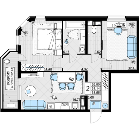 Планировка 2-комн 63,55 м²