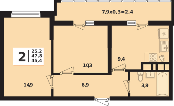 Планировка 2-комн 47,8 м²