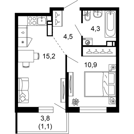 Планировка 1-комн 36 м²