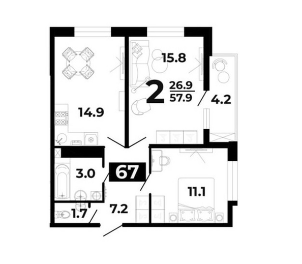 Планировка 2-комн 57,9 м²