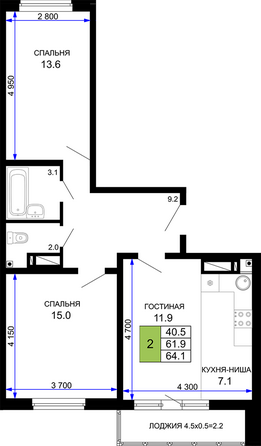 Планировка 2-комн 64,1 м²