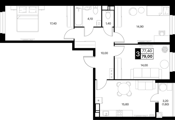 Планировка 3-комн 79, 79,4 м²