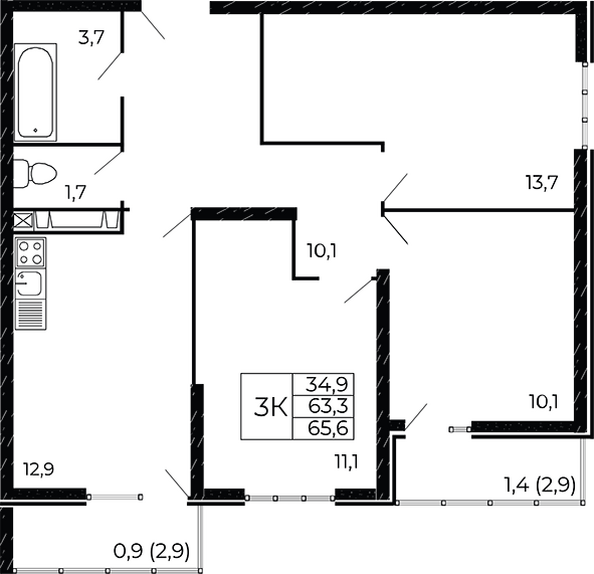 Планировка 3-комн 65,7 м²