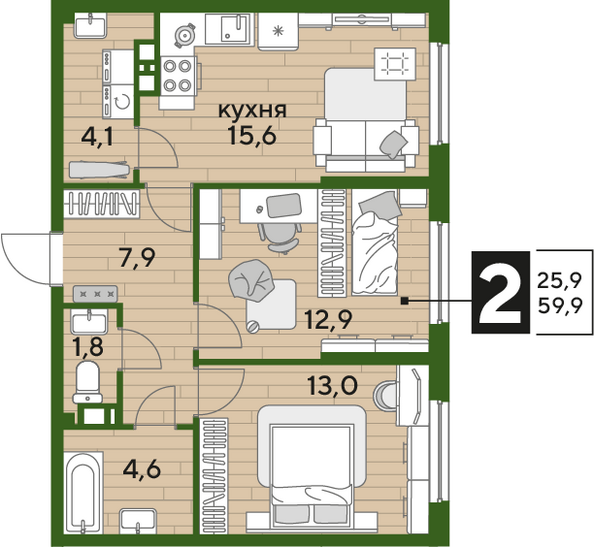 Планировка 2-комн 59,9 м²