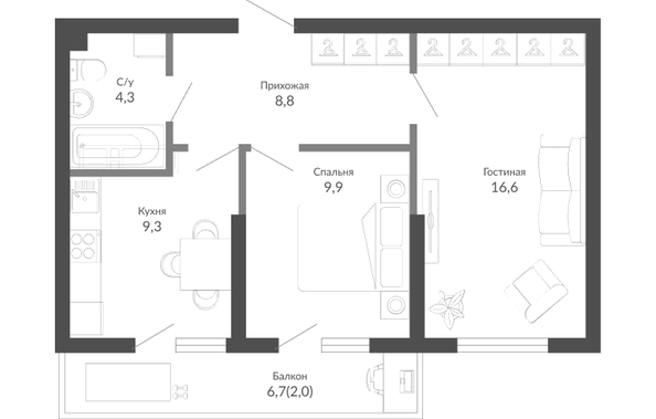 Планировка 2-комн 50,9 м²