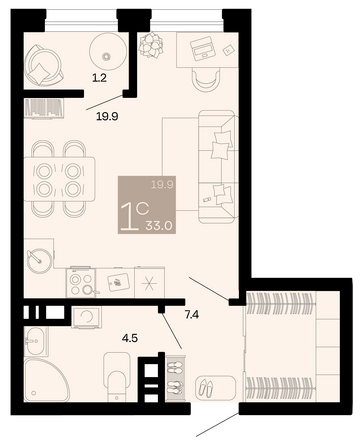 Планировка 1-комн 33 м²