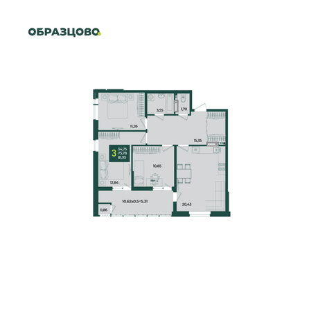 Планировка 3-комн 81,95 м²