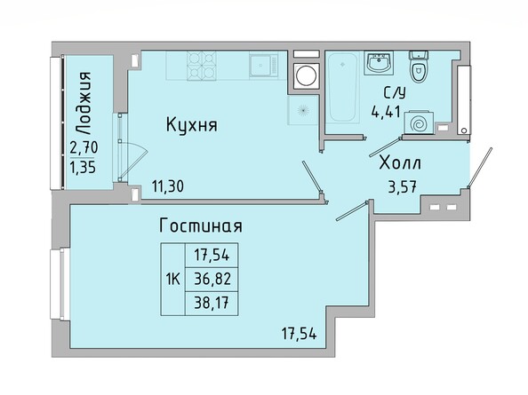 Планировка 1-комн 37,2 - 38,17 м²