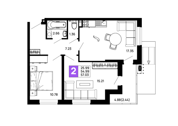 Планировка 2-комн 57,03 м²