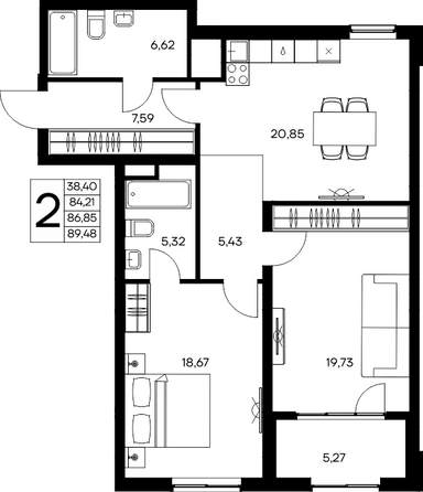 Планировка 2-комн 89,48 м²