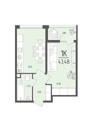 Планировка 1-комн 43,48 м²