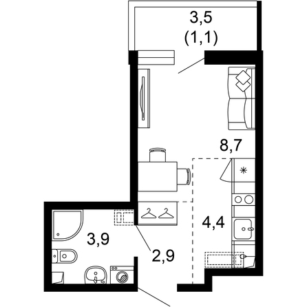 Планировка 1-комн 21 м²