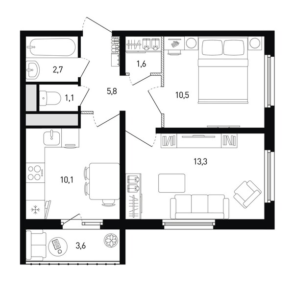 Планировка 2-комн 46,2 м²