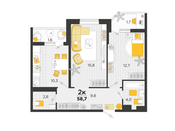 Планировка 2-комн 58,7 м²