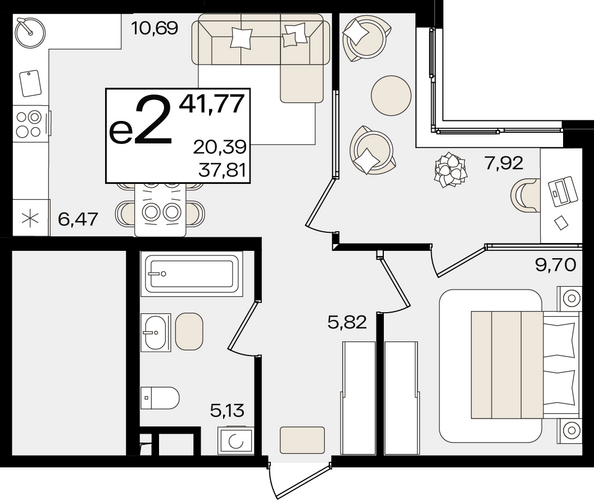 Планировка 2-комн 41,77 м²