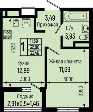 Планировка 1-комн 33,46 м²