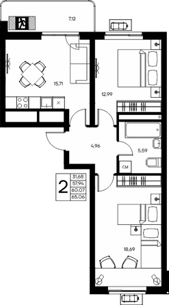 Планировка 2-комн 65,06 м²