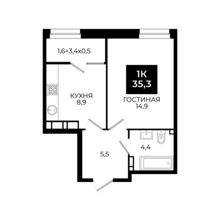 Планировка 1-комн 35,3 - 36 м²