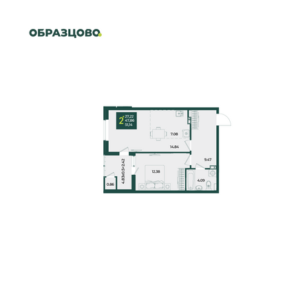 Планировка 2-комн 51,14 м²