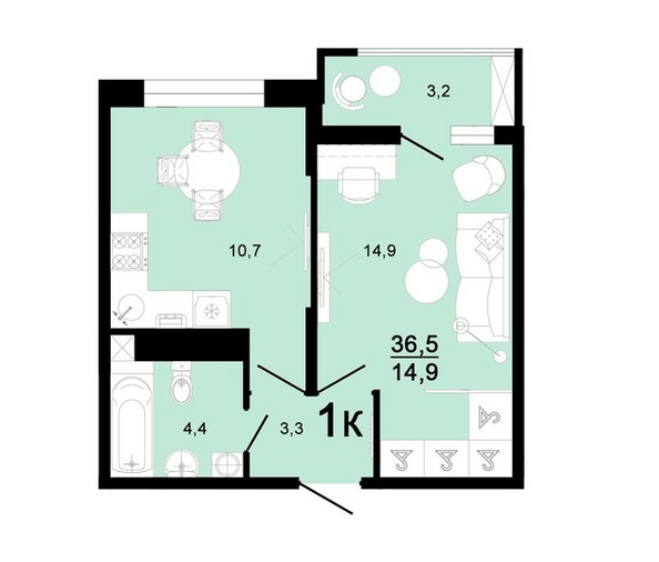 Планировка 1-комн 36,5 м²