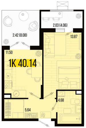 Планировка 1-комн 40,14 м²