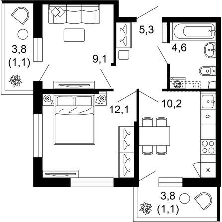 Планировка 2-комн 43,5 м²