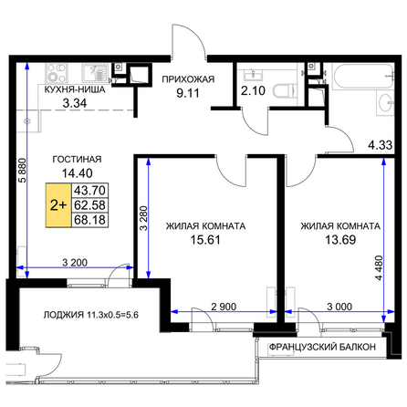 Планировка 2-комн 68,18 м²