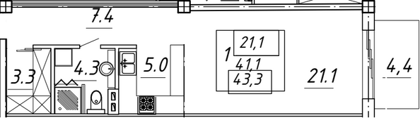 Планировка 1-комн 43,3 м²