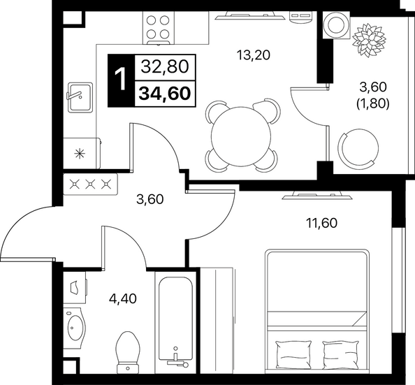 Планировка 1-комн 34,6 м²