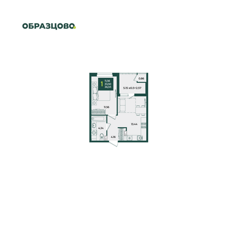 Планировка 1-комн 36,93 м²