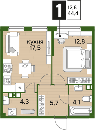 Планировка 1-комн 44,4 м²