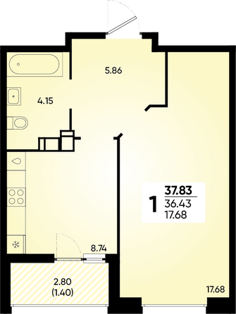 Планировка 1-комн 37,83 м²