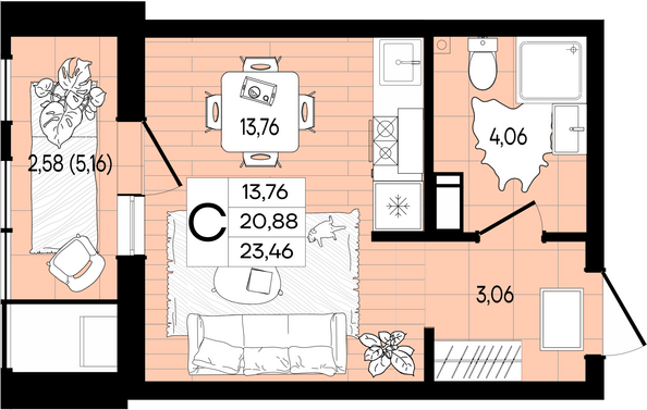 Планировка Студия 23,46 м²