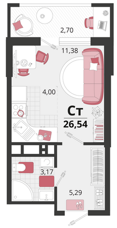 Планировка 1-комн 26,54 м²