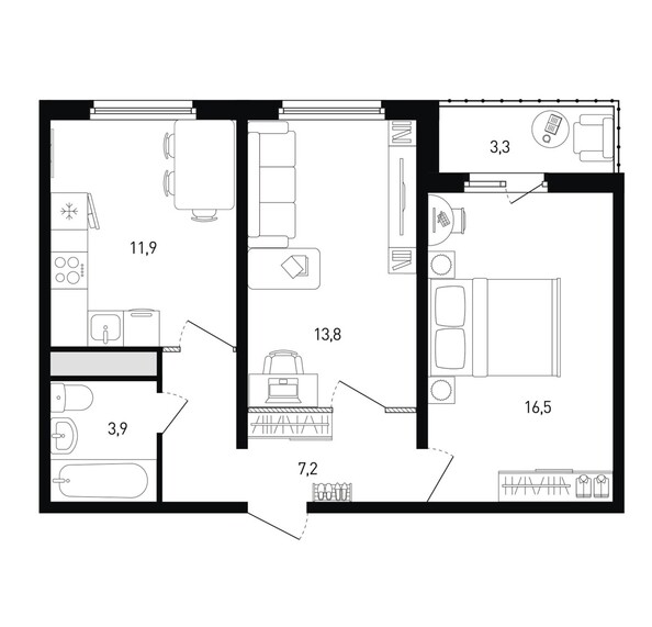 Планировка 2-комн 55 - 56,3 м²