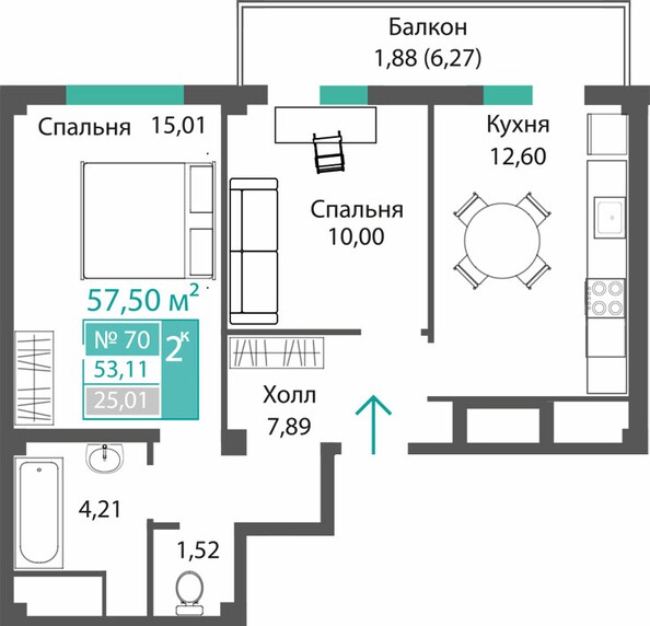 Планировка 2-комн 53,11 м²