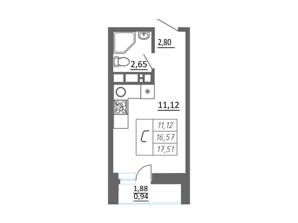 Планировка Студия 17,51 м²