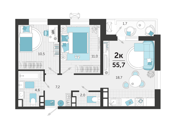 Планировка 2-комн 55,7 м²