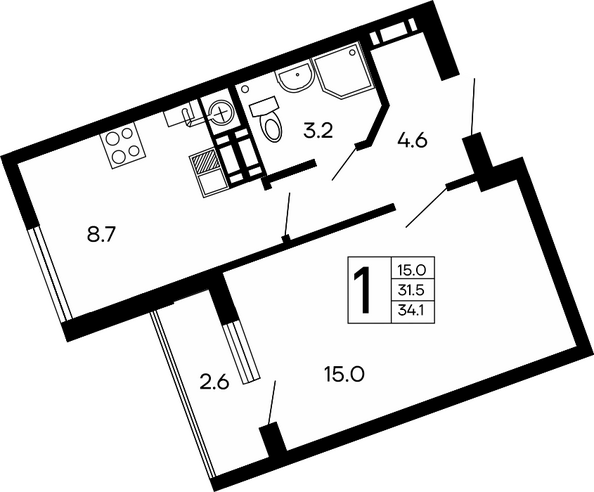 Планировка 1-комн 34,1 м²