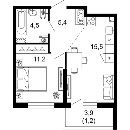 Планировка 1-комн 37,8 м²