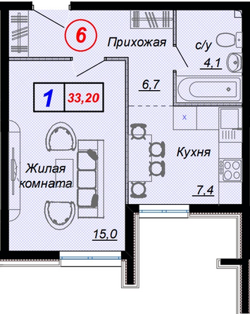 Планировка 1-комн 33,2 м²